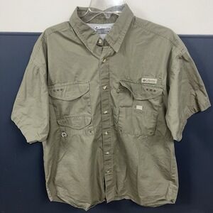 Columbia Shirt Mens Size Medium Beige Short Sleeve Button Up Fishing PFG VTG